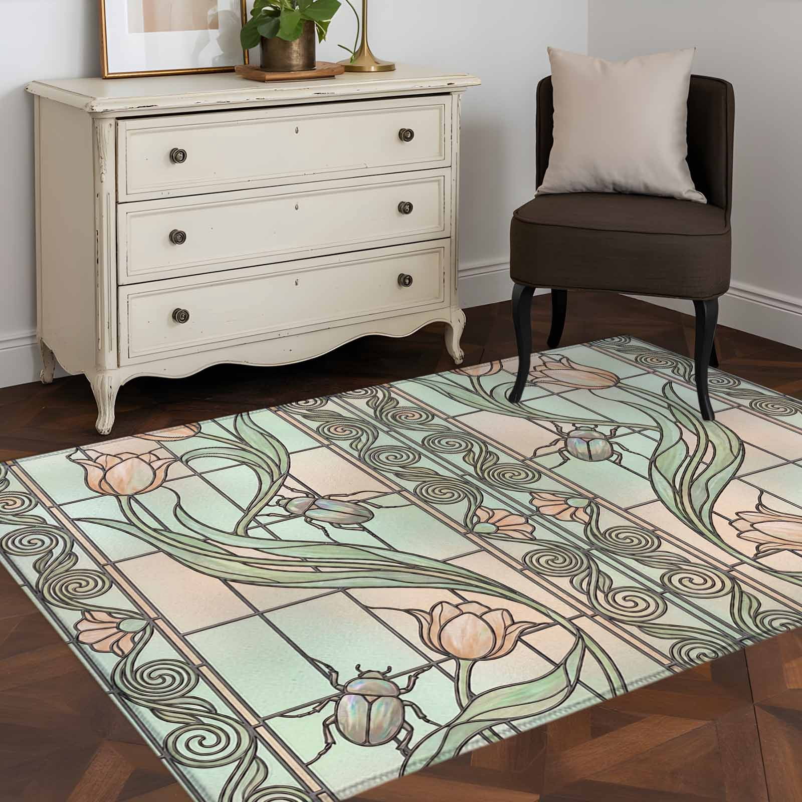 Window Rug Floral Window 4x6 Rug for Dining Table for 4 People Under Table, Retro ...