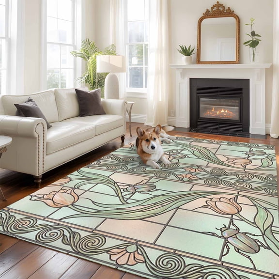 Floral Window 5x8 Rug for Bedroom Under Queen Bed Placement, Retro Pink Floral Leaf Beetles Stained Glass Washable Non Slip Large Rectangle Area Rug