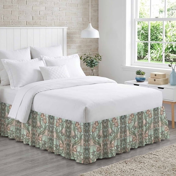 Floral Window Bed Skirt Queen Size 16 Inch Drop, Retro Pink Floral Leaf Beetles Stained Glass Adjustable Elastic Dust Ruffles Bedskirt for Queen Bed Wrap Around Pleated Mattress Frame Cover