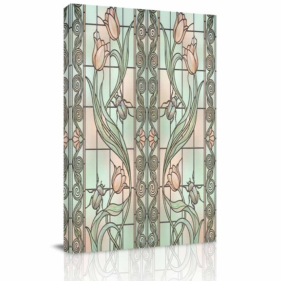 Floral Window Canvas Wall Art for Living Room, Retro Pink Floral Leaf Beetles Stained Glass Wall Decor Framed Artwork Pictures Ready to Hang for Bedroom Office Home Decor