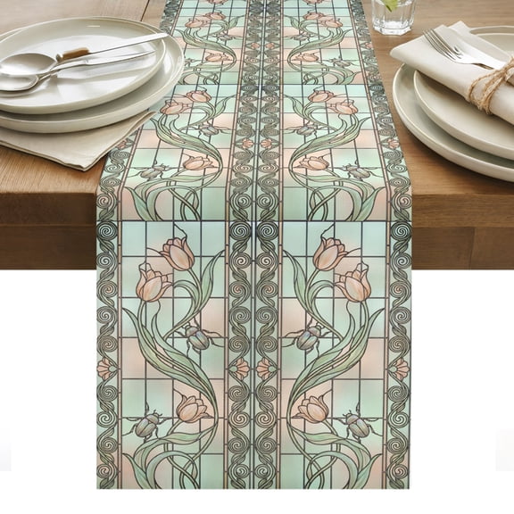 Floral Window Cotton Linen Table Runner Retro Pink Floral Leaf Beetles Stained Glass Dining Table Runners for Home Decor Party Dining Room Restaurant Kitchen Party 13" x 36"