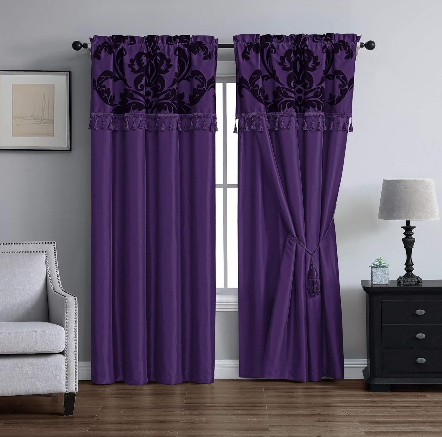 Floral Window Curtain/Drape Set With Sheer Backing Valance Tassels