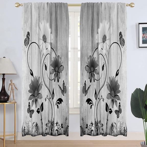 Floral Window Curtain Flower Cute Black and White Rustic Retro Butterfly Gray Daisy Spring Long Living Room Bedroom Rod Pocket Drapes Treatment Fabric 1 Pair Home Decor, 42" W x 84" L, Country