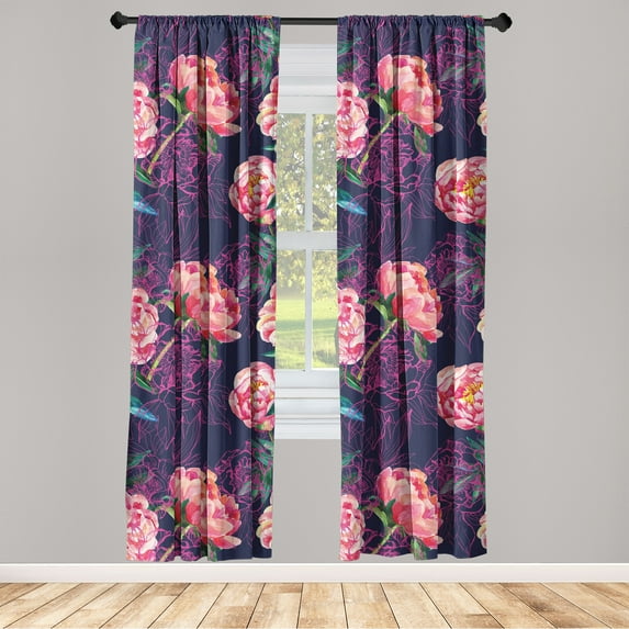 Floral Window Curtains, Abstract Peony Flowers Sketch Watercolor Nature Theme Illustration, Lightweight Decor 2-Panel Set with Rod Pocket, Pair of - 28"x63", Navy Blue and Dark Pink, by Ambesonne