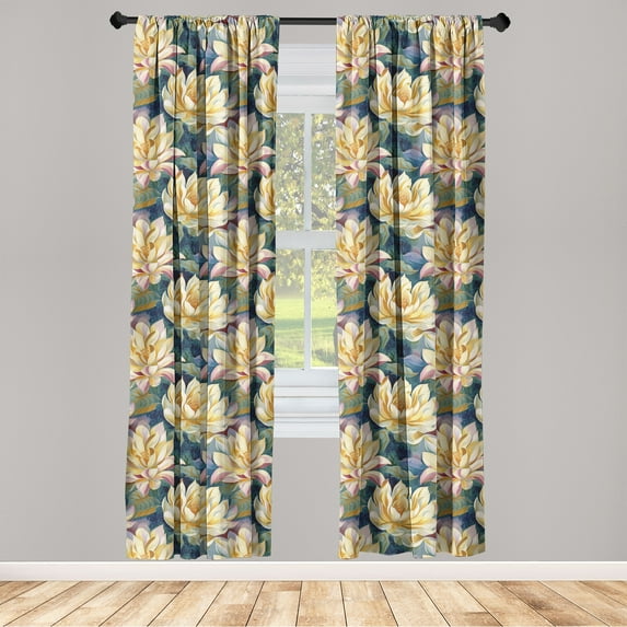 Floral Window Curtains, Blossoming Lotus Flowers Watercolor Waterlily on Green and Navy Back, Lightweight Decor 2-Panel Set with Rod Pocket, Pair of - 28"x63", Dried Rose Pastel Yellow, by Ambesonne