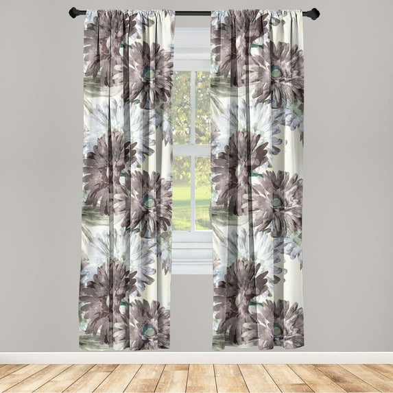 Floral Window Curtains, Blossoming Vintage Gerbera Petals with Leaves in Retro Style Watercolor Art, Lightweight Decor 2-Panel Set with Rod Pocket, Pair of - 28"x95", Taupe Lilac Ivory, by Ambesonne