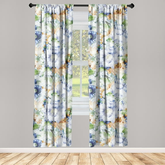 Floral Window Curtains, Blurry Effect Abstract Autumn Garden Flowers and Leaves Nature Blooms, Lightweight Decor 2-Panel Set with Rod Pocket, Pair of - 28"x84", Ceil Blue Amber and Green, by Ambesonne