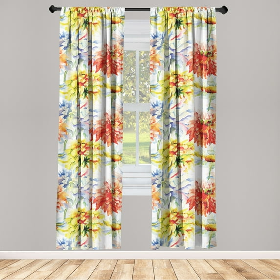 Floral Window Curtains, Chrysanthemum Flowers with Pastel Lavender Toned Petal Details, Lightweight Decor 2-Panel Set with Rod Pocket, Pair of - 28"x95", Vermilion Mustard and Green, by Ambesonne