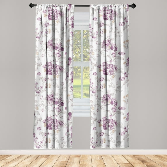 Floral Window Curtains, Classical Vibe Jungle Theme Illustrated Flower Sketch on Beige Tone Back, Lightweight Decor 2-Panel Set with Rod Pocket, Pair of - 28"x63", Plum Pale Almond Green, by Ambesonne