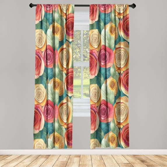 Floral Window Curtains, Colorful Bold Roses and Leaves in Watercolor Style Nostalgic Vibes, Lightweight Decor 2-Panel Set with Rod Pocket, Pair of - 28"x95", Marigold Dark Coral and Teal, by Ambesonne