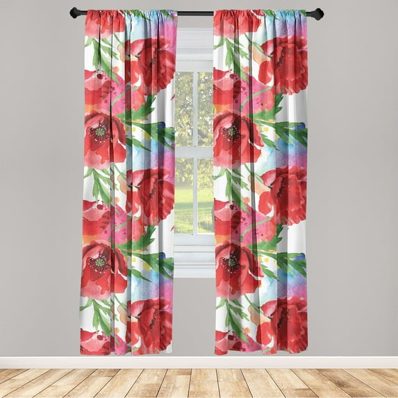 Floral Window Curtains, Colorful Flower Garden in Watercolor Style Poppy Blossoms on Paint Blots, Lightweight Decor 2-Panel Set with Rod Pocket, Pair of - 28"x95", Vermilion Green Pink, by Ambesonne