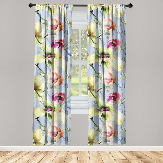 Floral Window Curtains, Colorful Pop Blossoms in Watercolor Ornament Spring Meadows Love, Lightweight Decor 2-Panel Set with Rod Pocket, Pair of - 28"x63", Ceil Blue and Yellow Green, by Ambesonne