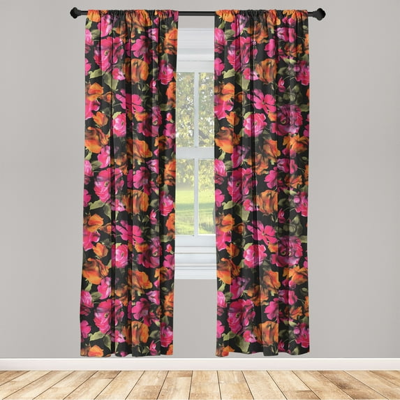 Floral Window Curtains, Colorful Tropical Flowers Leaves Fashion Art on Monochrome Back, Lightweight Decor 2-Panel Set with Rod Pocket, Pair of - 28"x95", Pale Fuchsia and Sage Green, by Ambesonne