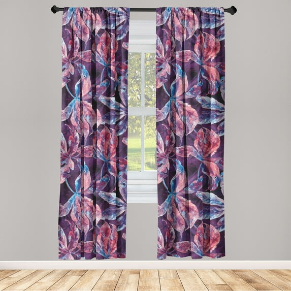 Floral Window Curtains, Contemporary Art Theme Watercolor Effect Exotic Leaf Pattern Print, Lightweight Decor 2-Panel Set with Rod Pocket, Pair of - 28"x84", Plum Dark Maroon Sky Blue, by Ambesonne