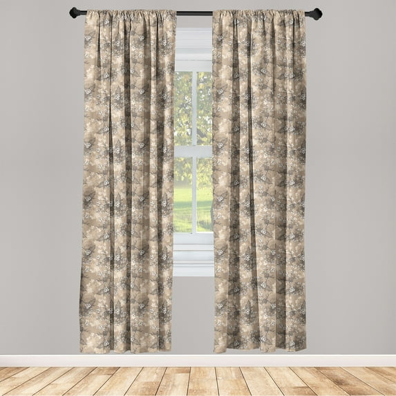 Floral Window Curtains, Dark Brown Autumn Flowers Vintage Earthy Backdrop Romantic Style Art, Lightweight Decor 2-Panel Set with Rod Pocket, Pair of - 28"x84", Warm Taupe and Champagne, by Ambesonne