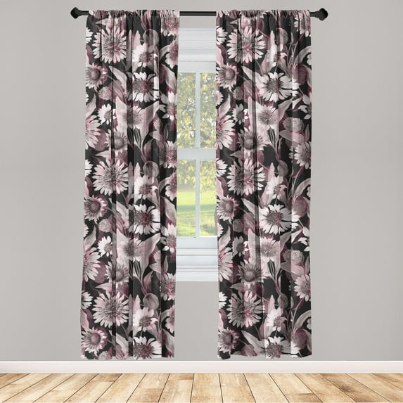 Floral Window Curtains, Digital Illustrated Vintage Flower Painting Pattern on Dark Colored Back, Lightweight Decor 2-Panel Set with Rod Pocket, Pair of - 28"x84", Dark Mauve Grey Black, by Ambesonne