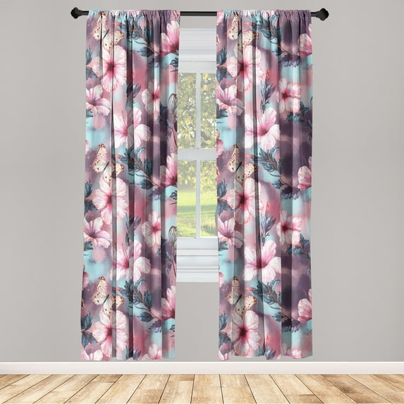 Floral Window Curtains, Exotic Design Hibiscus Flowers and Butterflies on Watercolor Bokeh Back, Lightweight Decor 2-Panel Set with Rod Pocket, Pair of - 28"x84", Pink Plum and Pale Blue, by Ambesonne