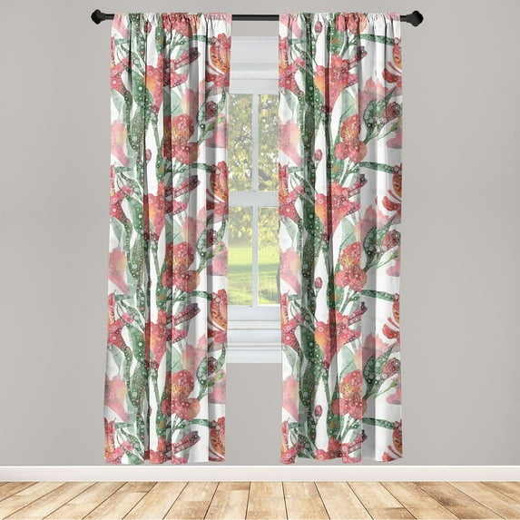 Floral Window Curtains, Exotic Lily of the Incas Blooming Garden with Abstract Dotted Details, Lightweight Decor 2-Panel Set with Rod Pocket, Pair of - 28"x84", Fern Green Coral Orange, by Ambesonne