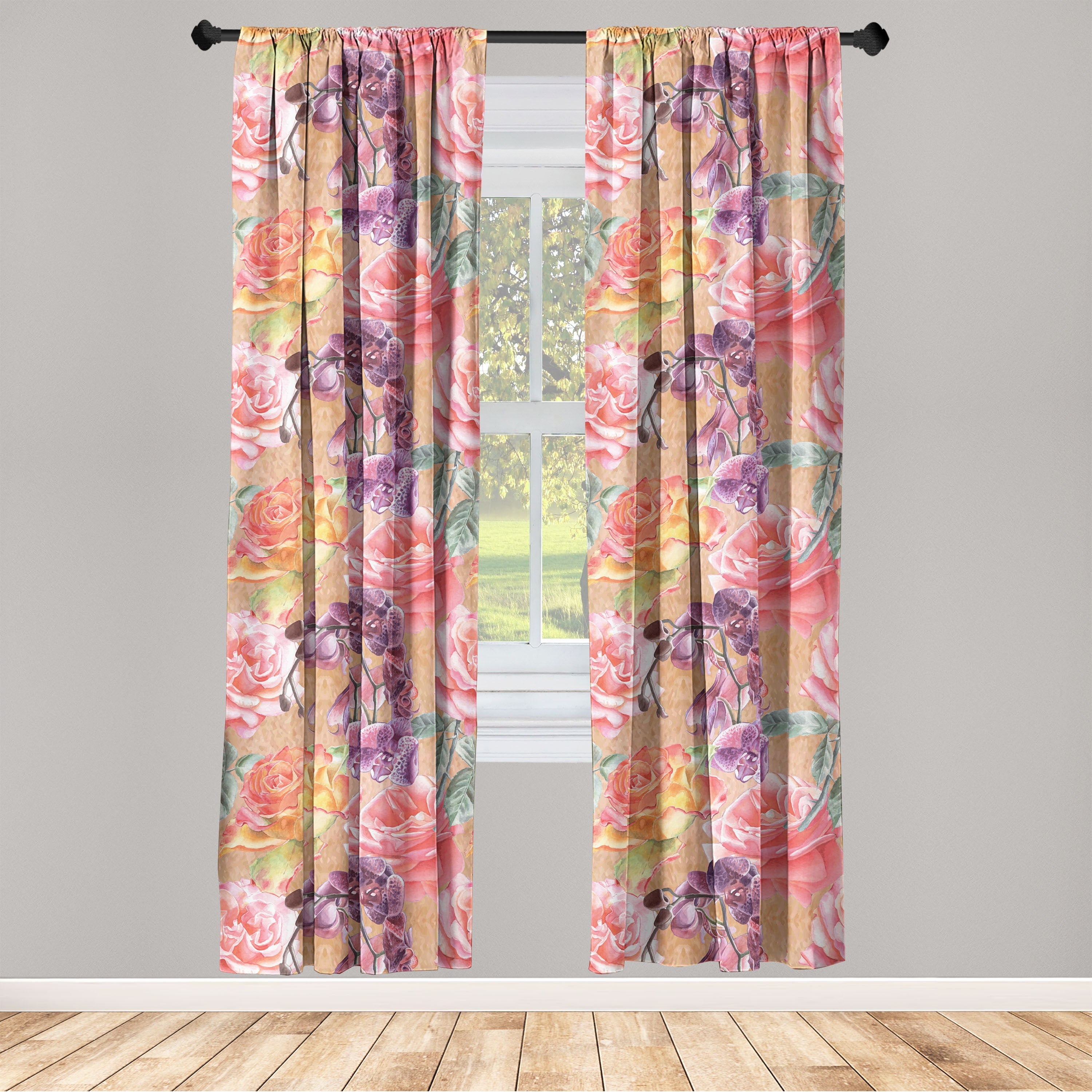 Floral Window Curtains, Exotic Roses and Orchid Flowers Spring Romance