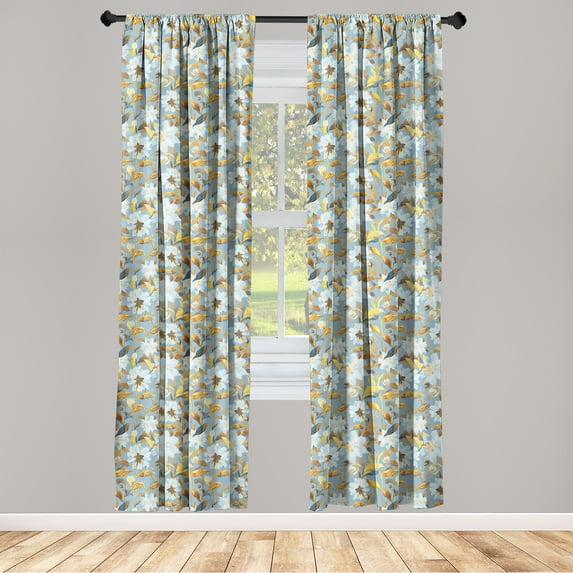 Floral Window Curtains, Falling Leaves and Flowers Botanical Nature Autumn Concept Watercolor Art, Lightweight Decor 2-Panel Set with Rod Pocket, Pair of - 28"x84", Marigold Blue Grey, by Ambesonne