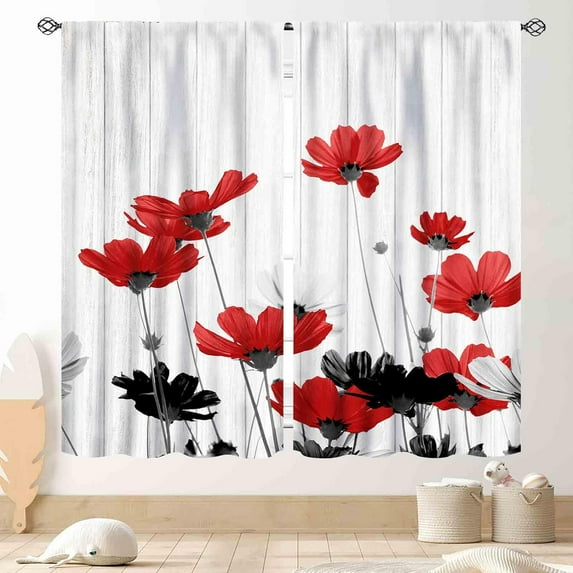 Floral Window Curtains, Farmhouse Country Flower on Wood Red Gray Flower Curtains Drapes Floral Spring Blackout Window Treatments for Living Room Bedroom Kitchen 53"W x 84"L (Pack of 2)