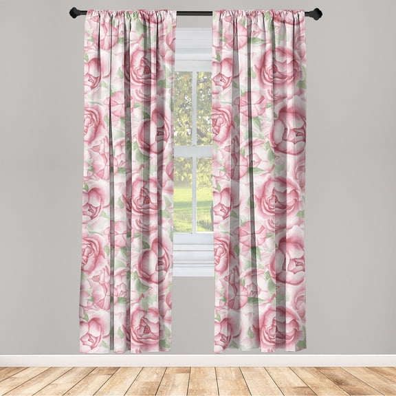 Floral Window Curtains, Flourishing Ornament of Peony Flowers Romantic Soft Colors Print, Lightweight Decor 2-Panel Set with Rod Pocket, Pair of - 28"x84", Pastel Pink and Pale Green, by Ambesonne