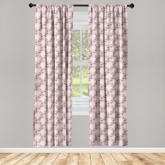 Floral Window Curtains, Flowers Grid of Squares Royal Garden Spring Rose Branches Pattern, Lightweight Decor 2-Panel Set with Rod Pocket, Pair of - 28"x63", Pale Pink and Olive Green, by Ambesonne
