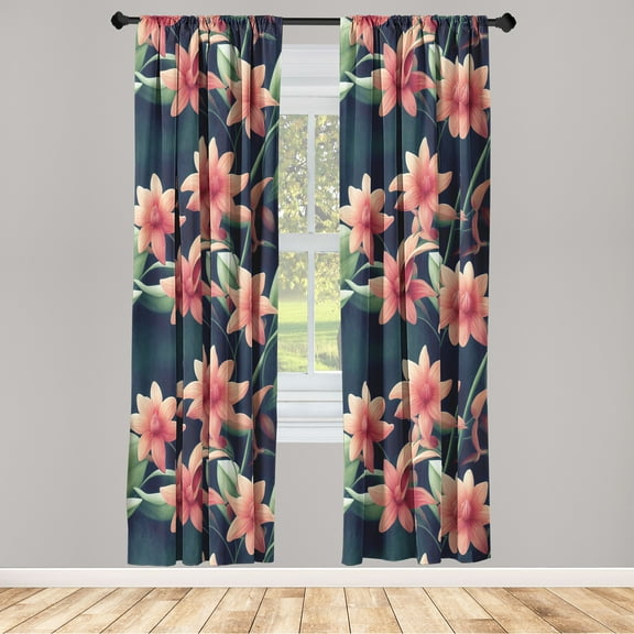 Floral Window Curtains, Garden of Flowers with Big Leaves Season Summer and Spring Blooming Art, Lightweight Decor 2-Panel Set with Rod Pocket, Pair of - 28"x84", Indigo Peacock Green, by Ambesonne