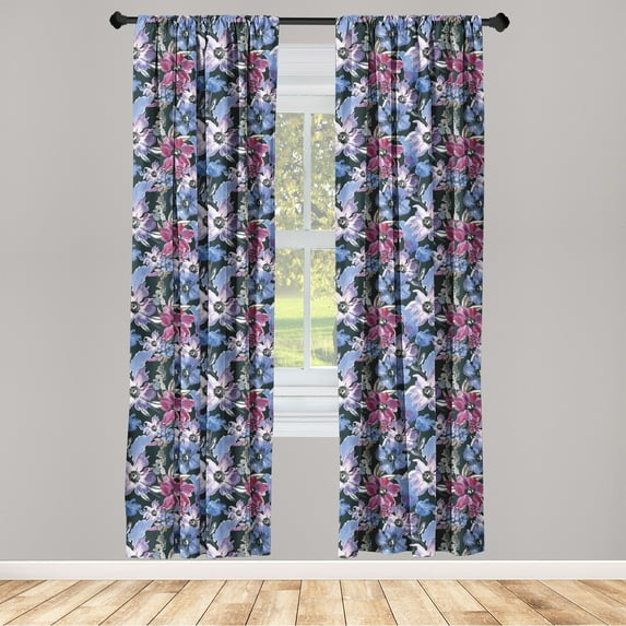 Floral Window Curtains, Garden Inspired Pastel Drawn Digital Watercolor Flowers Romantic Blooming, Lightweight Decor 2-Panel Set with Rod Pocket, Pair of - 28"x63", Dark Green Lilac Plum, by Ambesonne