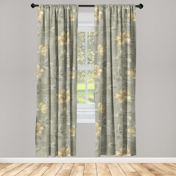 Floral Window Curtains, Grunge Atmosphere Jungle Inspired Water Flower Sketch on Weathered Backdrop, Lightweight Decor 2-Panel Set with Rod Pocket, Pair of - 28"x63", Pale Olive Green, by Ambesonne