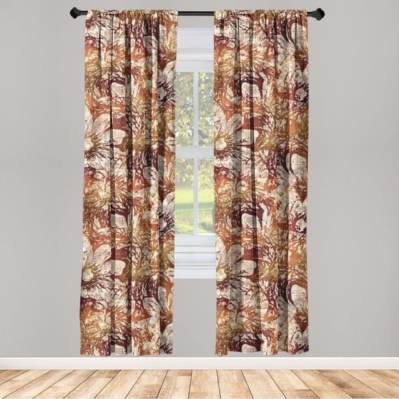 Floral Window Curtains, Grunge Flower Sketches in Sunset Color Palette Weathered Effect Ornament, Lightweight Decor 2-Panel Set with Rod Pocket, Pair of - 28"x63", Burgundy and Amber, by Ambesonne