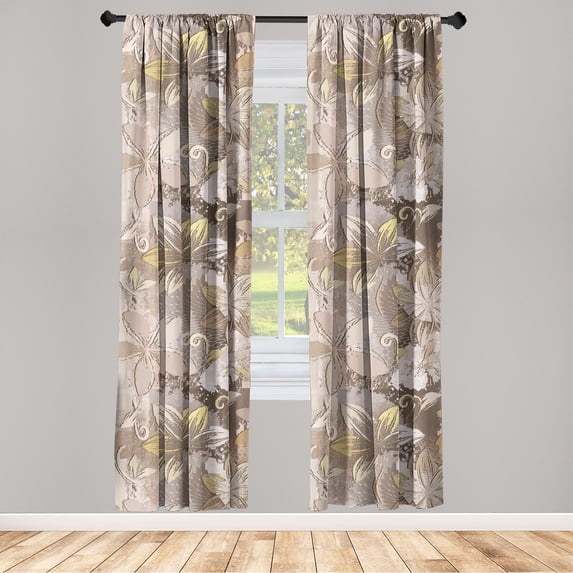Floral Window Curtains, Grunge Style Retro Feels Flower Silhouettes Pattern on Weathered Backdrop, Lightweight Decor 2-Panel Set with Rod Pocket, Pair of - 28"x63", Eggshell and Dark Tan, by Ambesonne