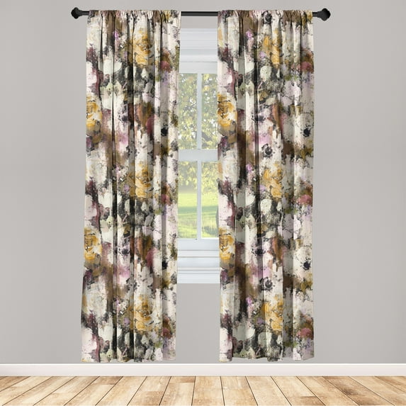 Floral Window Curtains, Grunge Weathered Effect Fine Art Painting Inspired Flowers Artwork, Lightweight Decor 2-Panel Set with Rod Pocket, Pair of - 28"x84", Champagne Amber and Brown, by Ambesonne