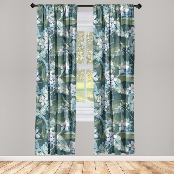 Floral Window Curtains, Jungle Theme Flowers Tropical Pattern on Forest Leaves Backdrop, Lightweight Decor 2-Panel Set with Rod Pocket, Pair of - 28"x63", Pistachio Green and Soft Blue, by Ambesonne