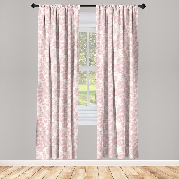 Floral Window Curtains, Linear Style Illustrated Rose With Leaves Botanical Concept Garden Art, Lightweight Decor 2-Panel Set with Rod Pocket, Pair of - 28"x63", Pale Mauve Pastel Pink, by Ambesonne