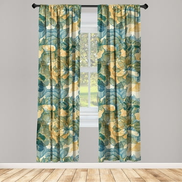 Floral Window Curtains, Linear Style Repeating Abstract Flowers Pattern Illustration Art, Lightweight Decor 2-Panel Set with Rod Pocket, Pair of - 28"x63", Pale Orange and Fern Green, by Ambesonne