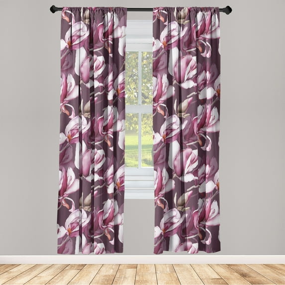 Floral Window Curtains, Magnolia Flowers in Watercolor Design Romantic Garden Blossoming, Lightweight Decor 2-Panel Set with Rod Pocket, Pair of - 28"x84", Plum Dark Magenta and Umber, by Ambesonne