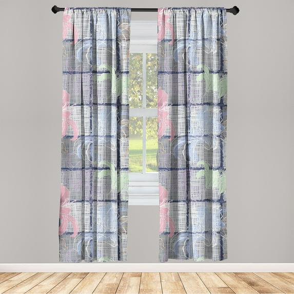 Floral Window Curtains, Minimalist Theme Sketch Drawing of Lily Pattern on Lattice Backdrop, Lightweight Decor 2-Panel Set with Rod Pocket, Pair of - 28"x63", Indigo Pale Grey and Blush, by Ambesonne