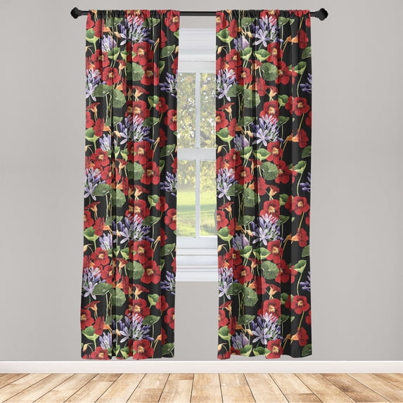 Floral Window Curtains, Nasturtium Flowers and Purplish Jasmine Petals with Exotic Leaves, Lightweight Decor 2-Panel Set with Rod Pocket, Pair of - 28"x95", Vermilion Green and Lilac, by Ambesonne