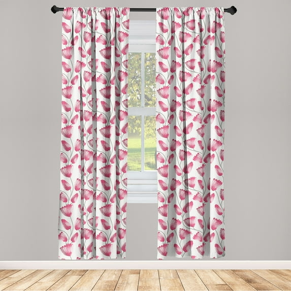 Floral Window Curtains, Oil Painting Style Simplistic Flowers Garden of Spring Influenced Print, Lightweight Decor 2-Panel Set with Rod Pocket, Pair of - 28"x95", Magenta and Taupe Grey, by Ambesonne