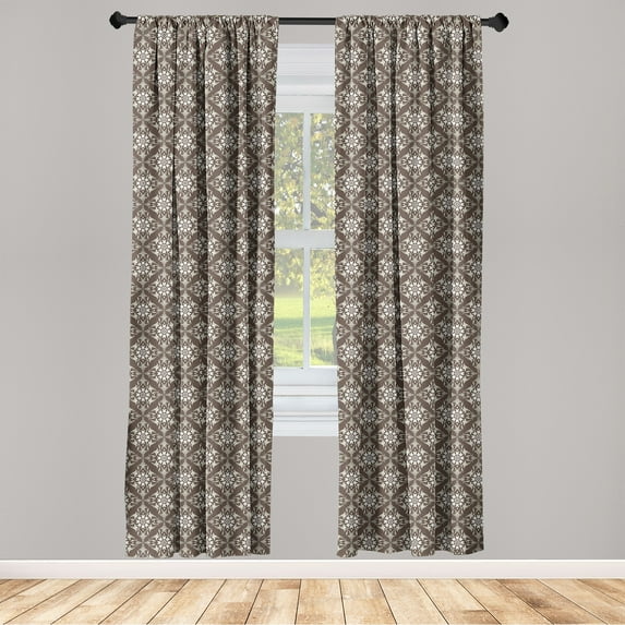 Floral Window Curtains, Oriental Vibes Damask Style Illustrated Blossom Pattern on Vintage Brown Tone Back, Lightweight Decor 2-Panel Set with Rod Pocket, Pair of - 28"x95", Umber Ivory, by Ambesonne