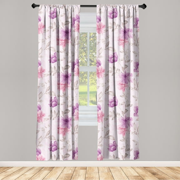 Floral Window Curtains, Pastel Colored Design Botanical Pattern of Soft Flowers Vintage Leaves, Lightweight Decor 2-Panel Set with Rod Pocket, Pair of - 28"x84", Pale Rose Purple Blush, by Ambesonne