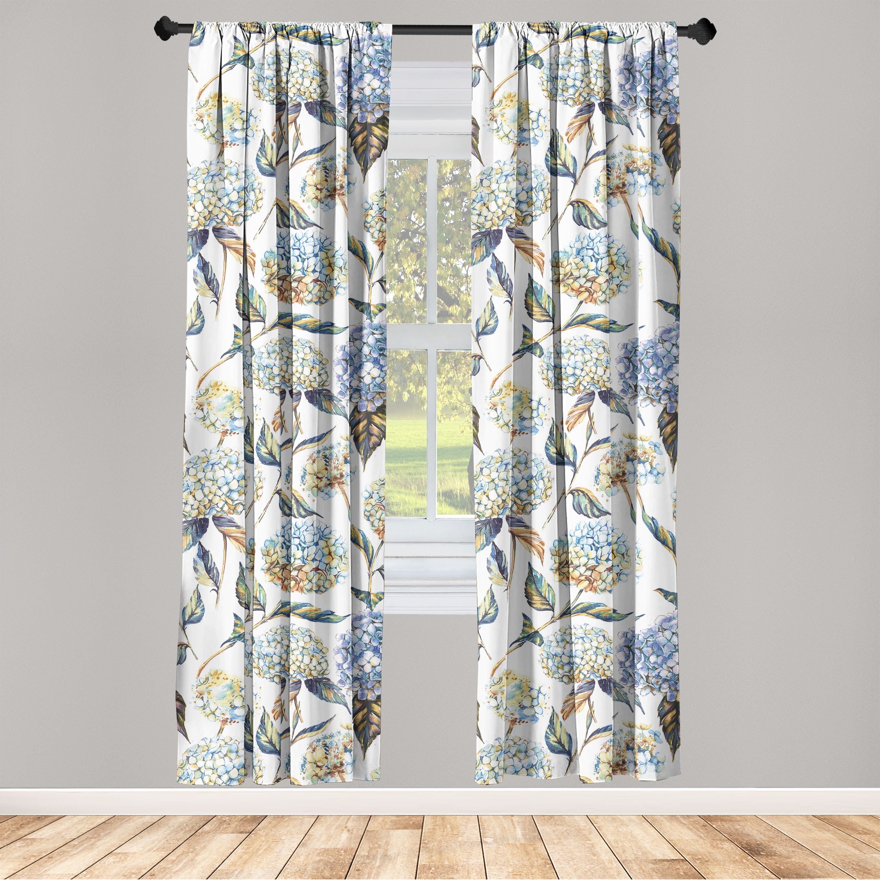 Floral Window Curtains, Pattern of Hydrangea Flowers Watercolor Design