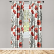 Floral Window Curtains, Poppy Flower Branches Memorial Long Grass Field Garden of Flowers Botanic, Lightweight Decor 2-Panel Set with Rod Pocket, Pair of - 28"x63", Vermilion Off White, by Ambesonne