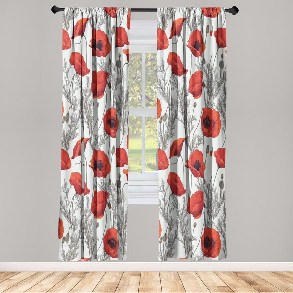 Floral Window Curtains, Poppy Flower Branches Memorial Long Grass Field Garden of Flowers Botanic, Lightweight Decor 2-Panel Set with Rod Pocket, Pair of - 28"x84", Vermilion Off White, by Ambesonne
