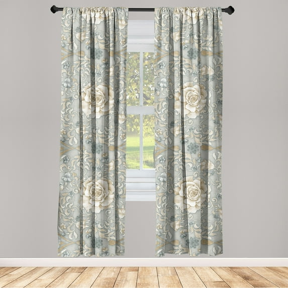 Floral Window Curtains, Repetitive Rose Flowers and Leaves Abstract Summer Theme Illustration, Lightweight Decor 2-Panel Set with Rod Pocket, Pair of - 28"x84", Dark Sand Brown and Grey, by Ambesonne