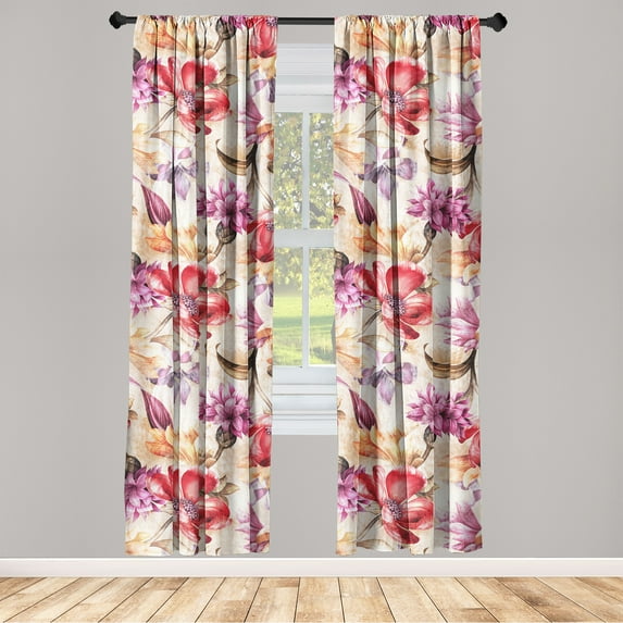 Floral Window Curtains, Retro Concept Flowers Wild Botanical Garden Colorful Design Print, Lightweight Decor 2-Panel Set with Rod Pocket, Pair of - 28"x95", Peach Fuchsia and Dark Coral, by Ambesonne