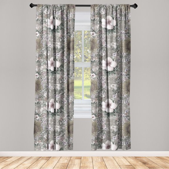 Floral Window Curtains, Retro Tropical Hawaiian Hibiscus Sunflower Jumble Floral Back, Lightweight Decor 2-Panel Set with Rod Pocket, Pair of - 28"x63", Dimgray Slate Brown and Pearl, by Ambesonne