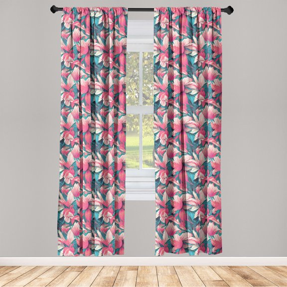 Floral Window Curtains, Retro Wave Realistic Style Drawn Digital Flower Pattern Print Artwork, Lightweight Decor 2-Panel Set with Rod Pocket, Pair of - 28"x84", Fern Green and Pale Pink, by Ambesonne
