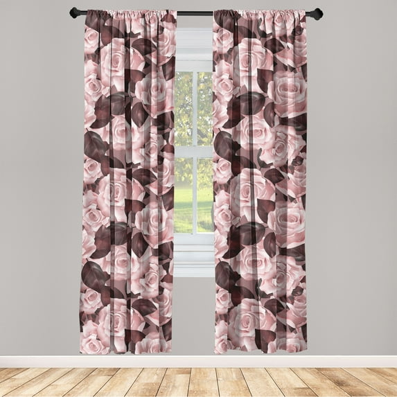 Floral Window Curtains, Romantic Bloom Vintage Digital Painting Roses and Leaves Soft Warm Tones, Lightweight Decor 2-Panel Set with Rod Pocket, Pair of - 28"x63", Dark Maroon Pale Pink, by Ambesonne
